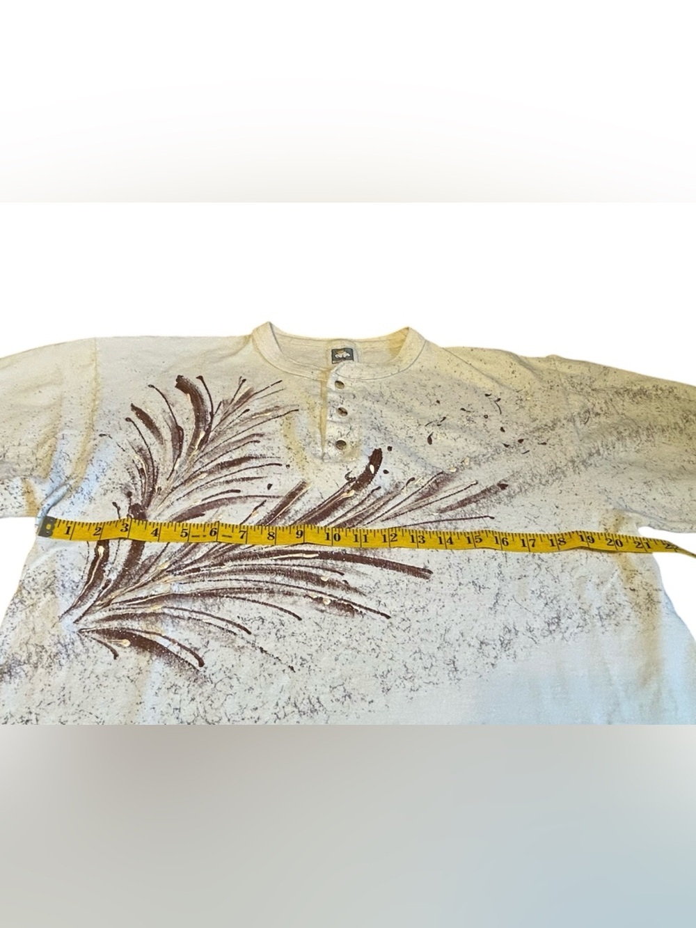 Men's Cream Long-Sleeve Henley with Brown Feather Graphic - Picture 6 of 14